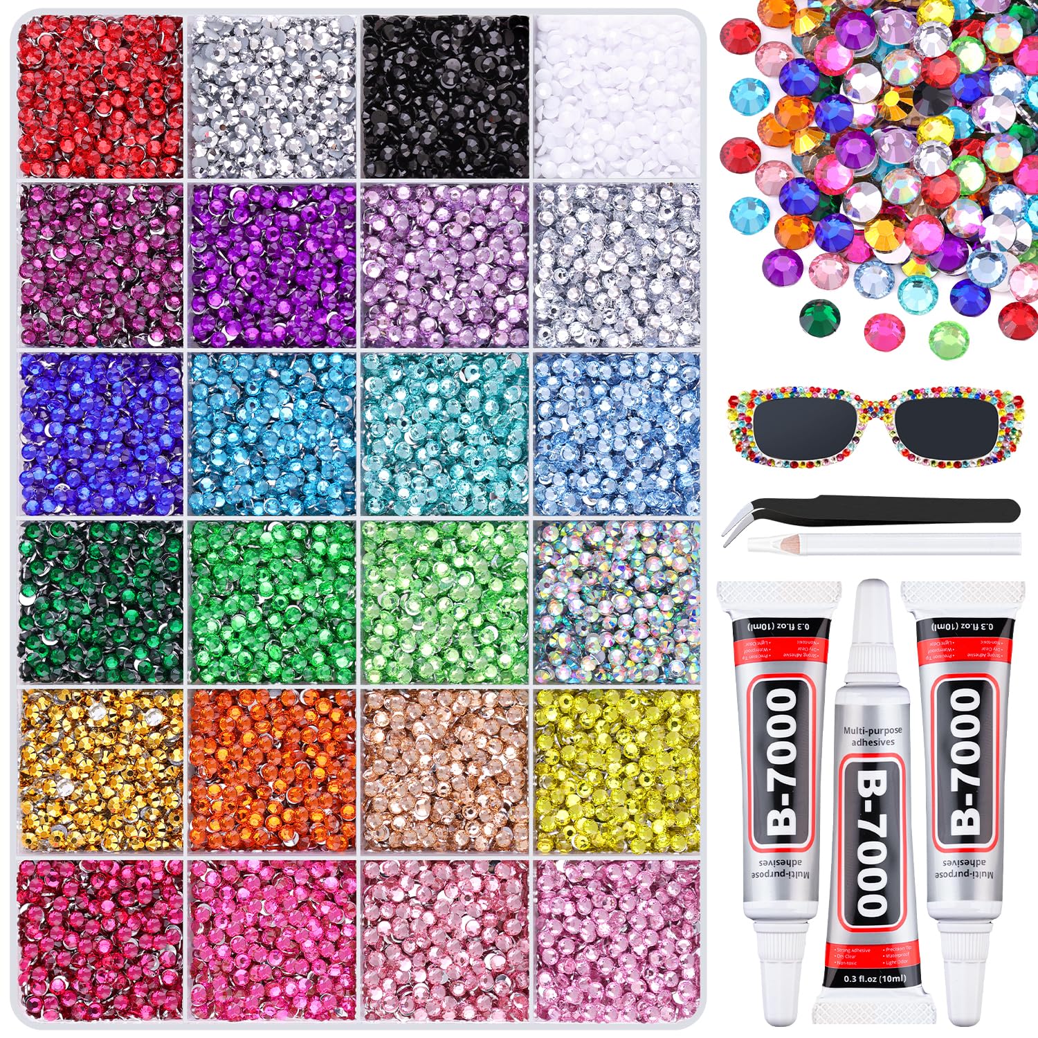 24000Pcs Resin Rhinestones with 3Pcs B7000 Jewelry Glue for Crafting, Multicolors 3mm Non Hotfix Flatback Gems, Bedazzling Crystal for DIY Crafts Clothing Tumblers Mugs Shoes Fabric Decor Nail Art-Velvo Beauty