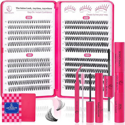 Lash Clusters - Lash Clusters Kit Lash Extension Kit with Lash Bond and Seal Cluster Eyelash Extensions Eyelash Clusters 20D30D40D50D-0.07D Lashes Clusters Eyelash Extension Kit DIY at Home Eyelashes-Velvo Beauty