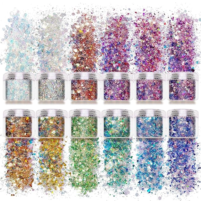 Allstarry 12 Colors Chunky Glitter Holographic Craft Glitter Cosmetic Nail Art Sequins Mixed Fine Glitter Flakes for Nails Art Decoration Hair Eyes Face Body, Resin Tumblers, Epoxy, Slime-Velvo Beauty