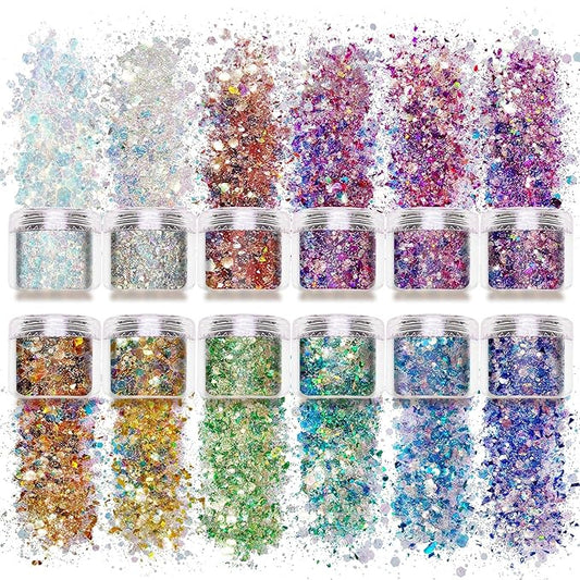 Allstarry 12 Colors Chunky Glitter Holographic Craft Glitter Cosmetic Nail Art Sequins Mixed Fine Glitter Flakes for Nails Art Decoration Hair Eyes Face Body, Resin Tumblers, Epoxy, Slime-Velvo Beauty