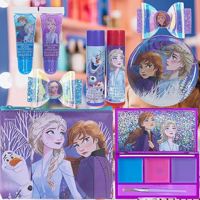 Disney Frozen - Townley Girl Super Sparkly Cosmetic Beauty Makeup Set For Girls with Clips, Lip Gloss, Nail Stickers, Lip Balm, Nail Gems and Mirror For Parties, Sleepovers & Makeovers-Velvo Beauty