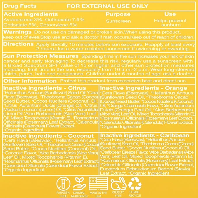 4-Pack Tropical Variety SPF 15 Lip Balm - Organic Ingredients, Broad Spectrum UVA/UVB Protection - Hydrating & Moisturizing, USA Made-Velvo Beauty