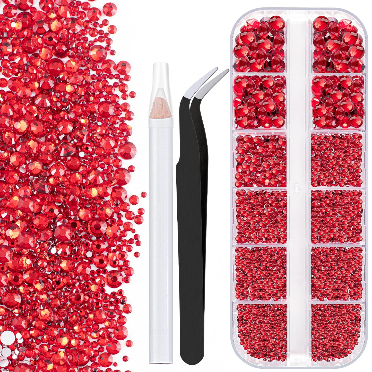 One Pack 2000 Pcs of Flatback Round Red Rhinestones 6 Sizes (1.5-6 mm) with Nail Art Rhinestone Picker Pencil and Tweezers for DIY and Salon Use-Velvo Beauty