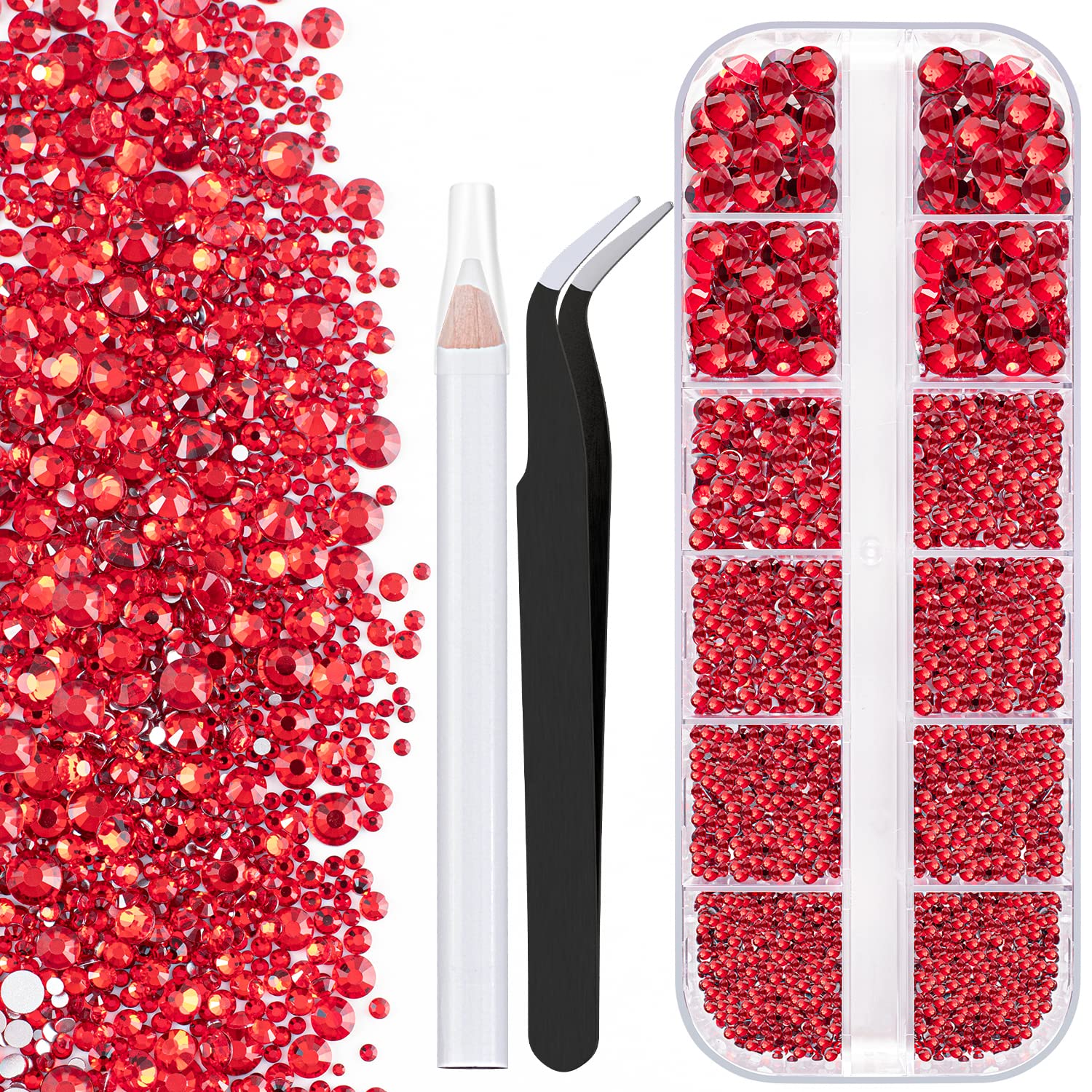 One Pack 2000 Pcs of Flatback Round Red Rhinestones 6 Sizes (1.5-6 mm) with Nail Art Rhinestone Picker Pencil and Tweezers for DIY and Salon Use-Velvo Beauty
