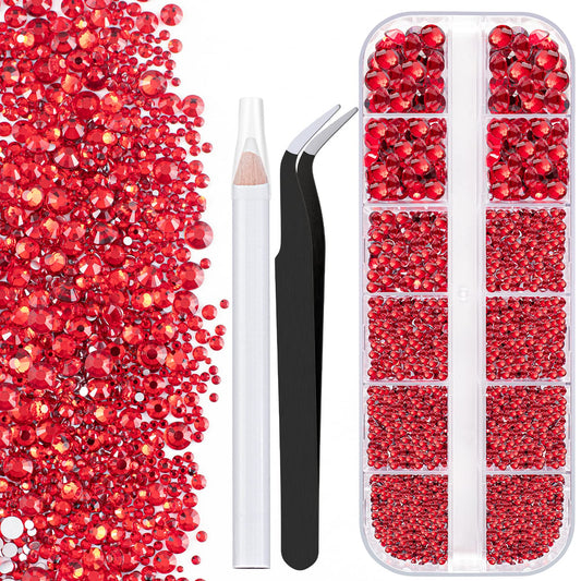 One Pack 2000 Pcs of Flatback Round Red Rhinestones 6 Sizes (1.5-6 mm) with Nail Art Rhinestone Picker Pencil and Tweezers for DIY and Salon Use-Velvo Beauty