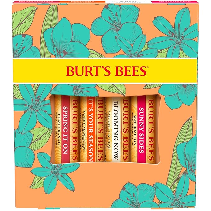 Burt's Bees Lip Balm Easter Basket Stuffers - Just Picked Gifts Set with Pomegranate, Watermelon, Sweet Mandarin, Coconut and Pear Natural Lip Treatment Tubes, 4, 0.15 oz.-Velvo Beauty
