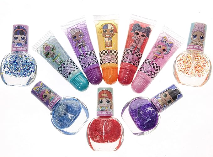 LOL Surprise Townley Girl 11 Pcs Sparkly Cosmetic Makeup Set for Kids Includes 5 Lip Gloss, 5 Nail Polish & Nail Stickers for Girls Tweens, Ages 3+ Perfect for Parties, Sleepovers and Makeovers-Velvo Beauty