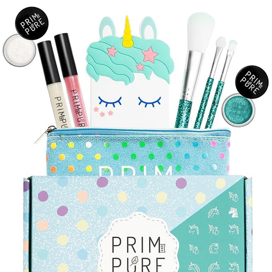 Prim and Pure Mineral Gift Set with Unicorn Mirror| Perfect for Play Dates & Birthday Parties | Kids Eyeshadow Makeup – Mineral Blush | Organic & Natural Makeup Kit for Kids| Made in USA (Blue)-Velvo Beauty