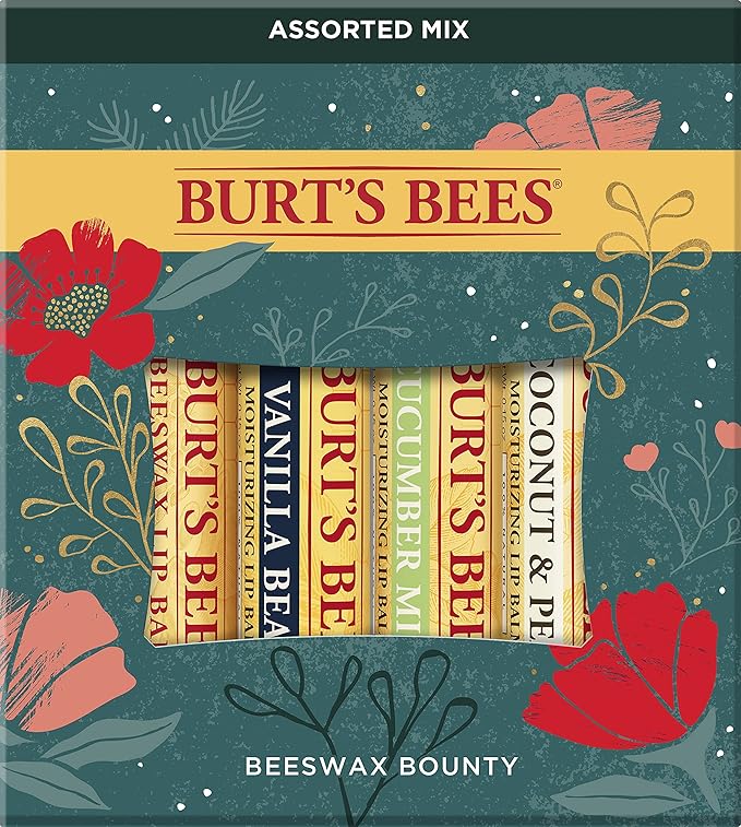 Burt’s Bees Holiday Gift, 4 Lip Balm Stocking Stuffer Products, Beeswax Bounty Assorted Set - Original Beeswax, Vanilla Bean, Cucumber Mint & Coconut Pear (Old Verison)-Velvo Beauty