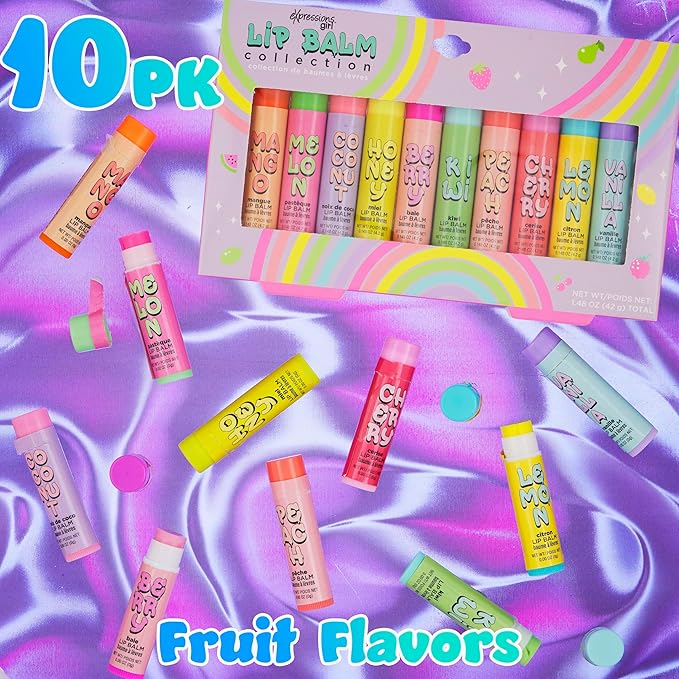 Expressions 10pc Fruity Lip Balm Collection - Hydrating Lip Balms Infused w/Fresh Fruity Flavors - Vitamin Enriched Nourishing Lip Balm Set-Velvo Beauty