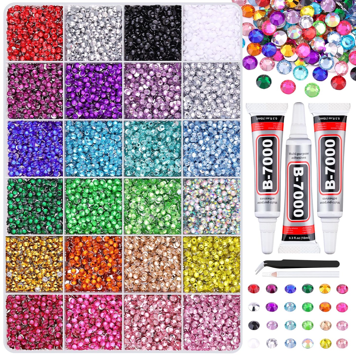 24000Pcs Resin Rhinestones for Crafting with Tweezers, Multicolor 3mm Bedazzling Crystal with 3Pcs 10ml B7000 Jewelry Glue for DIY Crafts Clothing Tumblers Shoes Fabric Nail Art-Velvo Beauty