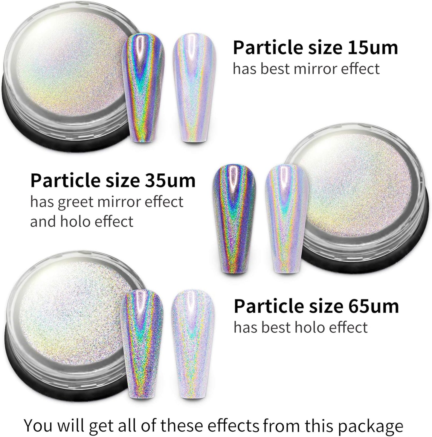 Artdone 3jars Holographic Chrome Nail Powder 1Gram Each, Unicorn Holo Rainbow Mirror Effect 20um 35um 65um Nail Pigment kit For Gel Polish Nail Art crome Set-Velvo Beauty