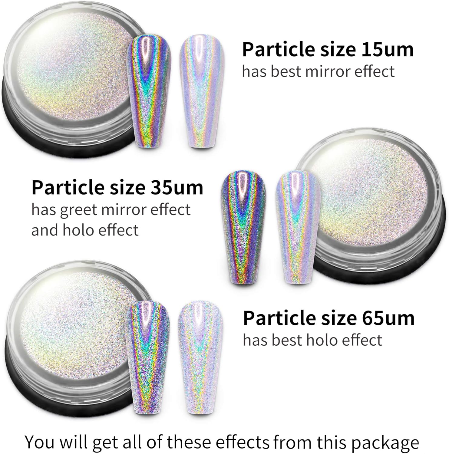 Artdone 3jars Holographic Chrome Nail Powder 1Gram Each, Unicorn Holo Rainbow Mirror Effect 20um 35um 65um Nail Pigment kit For Gel Polish Nail Art crome Set-Velvo Beauty