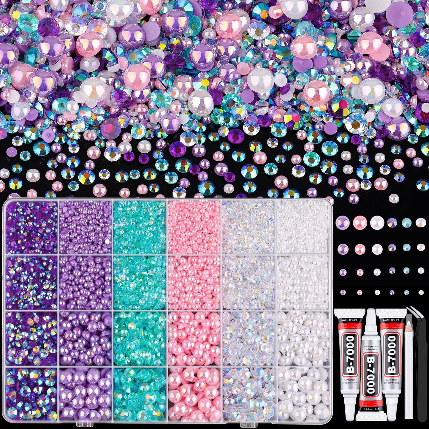 9000PCS Flatback Pearls and Rhinestones for Crafting, Pink Purple 3-10mm Resin Rhinestones and Half Pearls for Bedazzling, Nail Art and Dec with 3pcs B7000 Jewelry Glue, Tweezer and Pickup Pencil-Velvo Beauty