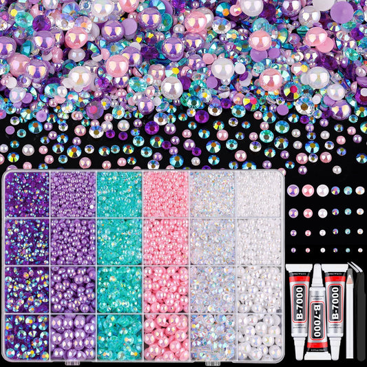 9000PCS Flatback Pearls and Rhinestones for Crafting, Pink Purple 3-10mm Resin Rhinestones and Half Pearls for Bedazzling, Nail Art and Dec with 3pcs B7000 Jewelry Glue, Tweezer and Pickup Pencil-Velvo Beauty