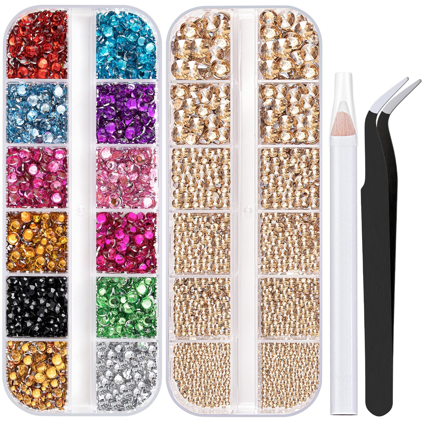Two Packs of Flatback Rhinestones 4520 Pcs Colorful Nail Art Rhinestones Flatback Crystal Colorful+Champagne Rhinestone with Picker Pencil and Tweezer for Nail Art and Decoration-Velvo Beauty