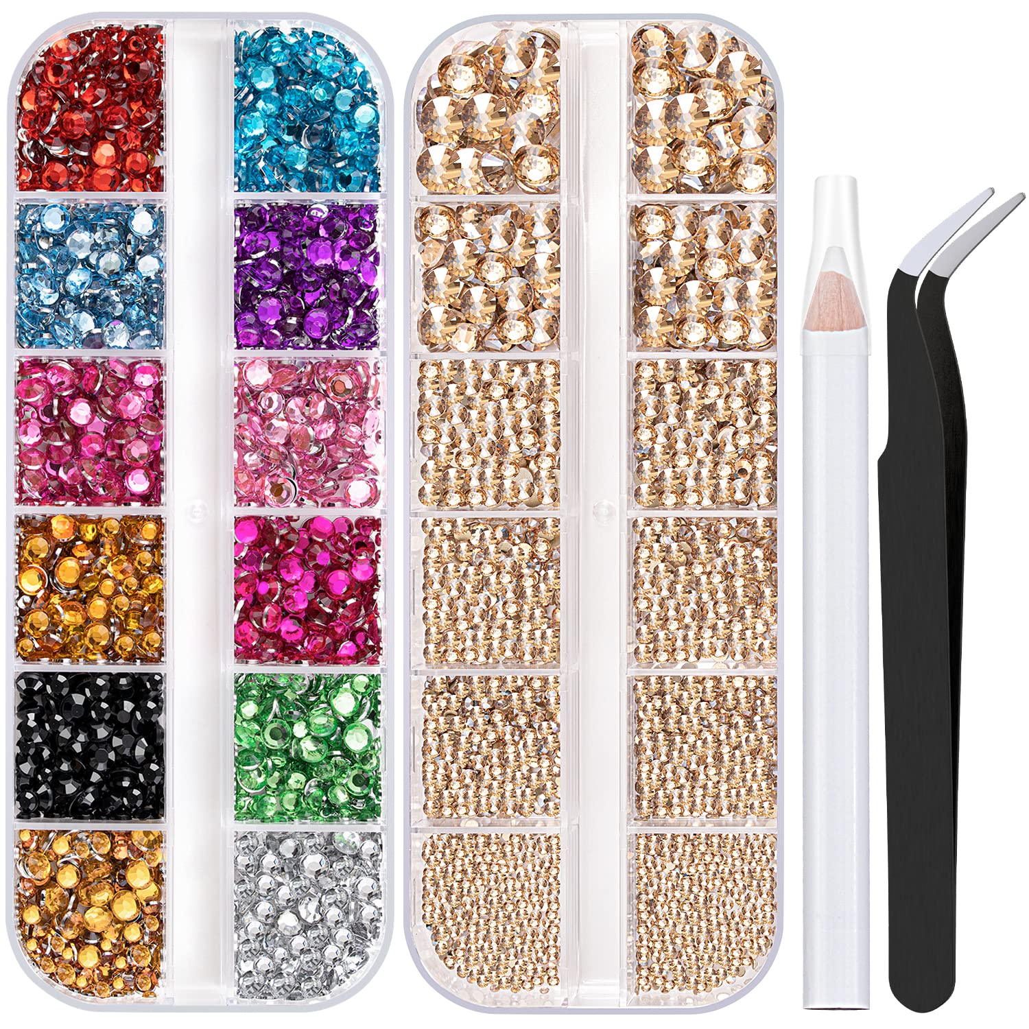 Two Packs of Flatback Rhinestones 4520 Pcs Colorful Nail Art Rhinestones Flatback Crystal Colorful+Champagne Rhinestone with Picker Pencil and Tweezer for Nail Art and Decoration-Velvo Beauty