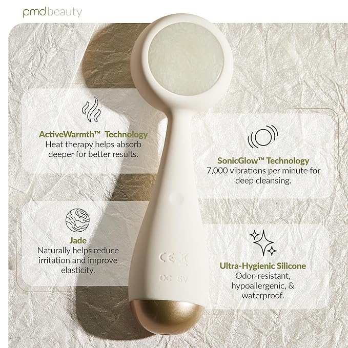 PMD Beauty Clean Pro Jade - Smart Facial Cleansing Device with Silicone Brush & Jade Gemstone ActiveWarmth Anti-Aging Massager - Waterproof - SonicGlow Vibration - Clear Pores & Blackheads-Velvo Beauty
