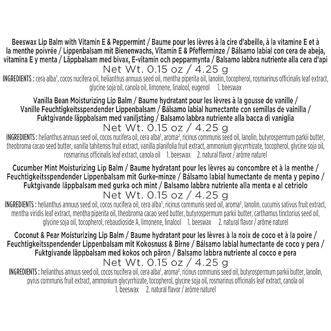 Burt's Bees Lip Balm Mothers Day Gifts for Mom - Balm Bouquet Set, Original Beeswax, Vanilla Bean, Cucumber Mint, Coconut & Pear Pack, Natural Origin Lip Treatment With Beeswax, 4 Tubes, 0.15 oz.-Velvo Beauty