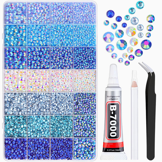 20000Pcs Blue Rhinestones for Bedazzling with 1Pcs B7000 Jewelry Glue, Resin Rhinestones for Crafting Crafts DIY, Bedazzler Kit Gems for Clothing Shoes Tumblers Nail Art Assorted Size 3/4/5/6mm-Velvo Beauty