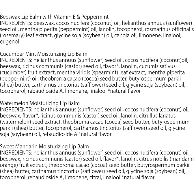 Burt's Bees Lip Balm - Original Beeswax, Cucumber Mint, Watermelon & Sweet Mandarin, With Responsibly Sourced Beeswax, Tint-Free, Natural Origin Treatment, 4 Tubes, 0.15 oz.-Velvo Beauty
