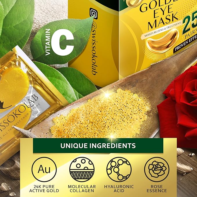 SWISSÖKOLAB Under Eye Patches For Puffy Eyes 24k Gold Eye Mask Dark Circles And Puffiness Collagen Eye Gel Pads Moisturizing & Reducing Wrinkles Anti-Aging Hyaluronic Acid (24K Gold Eye Mask)-Velvo Beauty