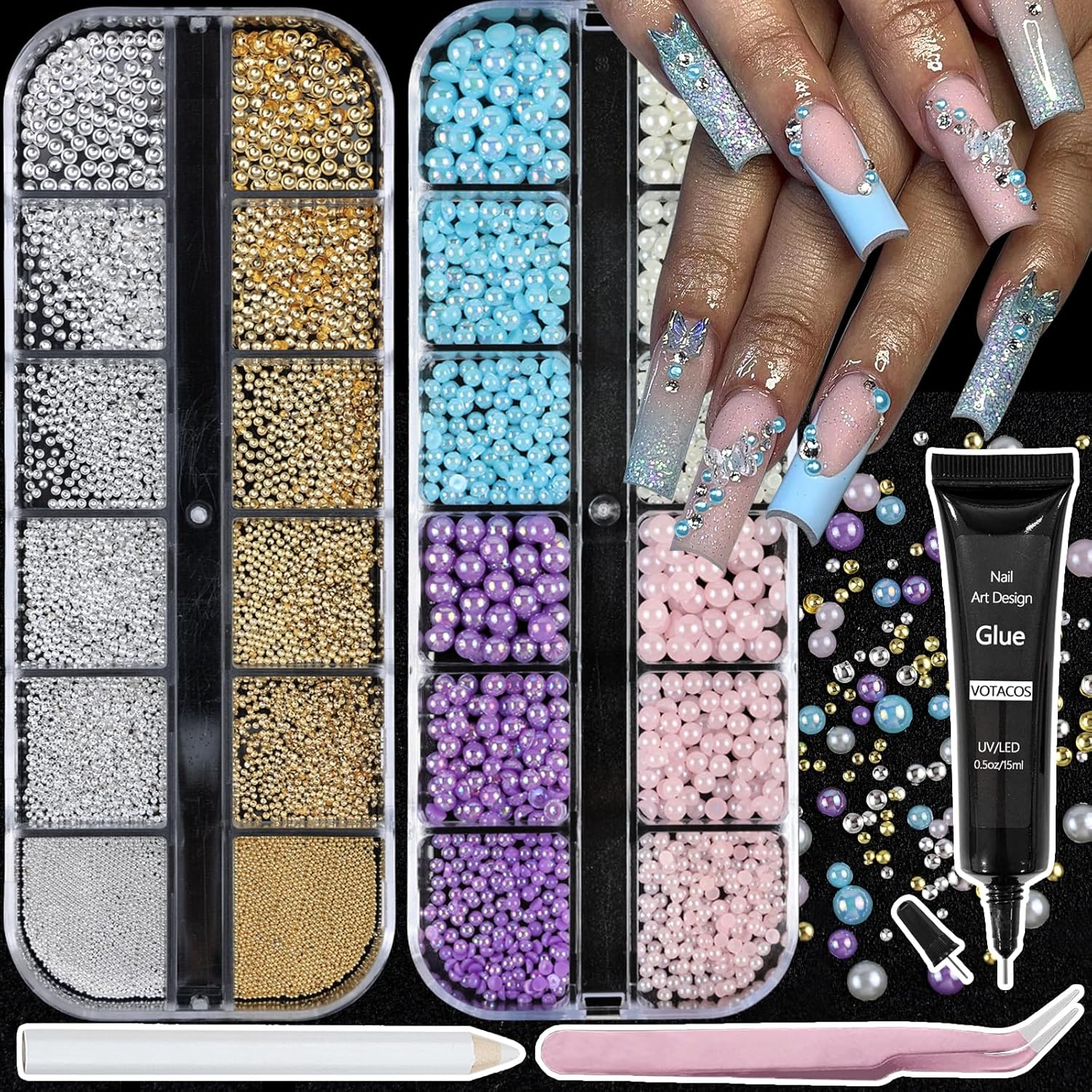 Nail Art Pearls with Glue Gel Flatback Pink Purple 4 Colors Nail Charms Pearls Mixed Size 0.03-0.18in Nails Gems Pearl Accessories for Women Nails Design Decoration-Velvo Beauty