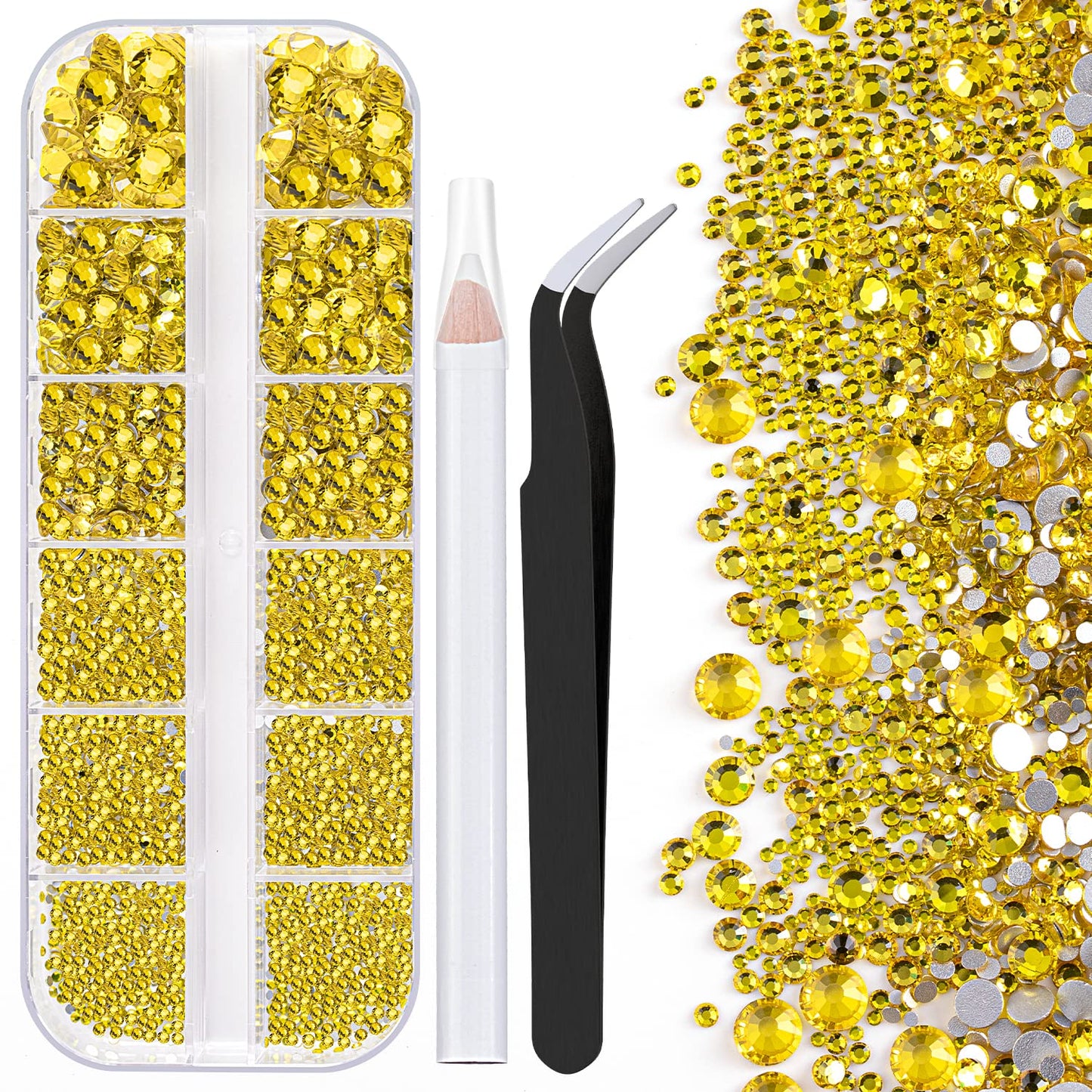 One Pack 2000 Pcs of Flatback Round Lemon Yellow Rhinestones 6 Sizes (1.5-6 mm) with Nail Art Rhinestone Picker Pencil and Tweezer for DIY and Salon Use-Velvo Beauty