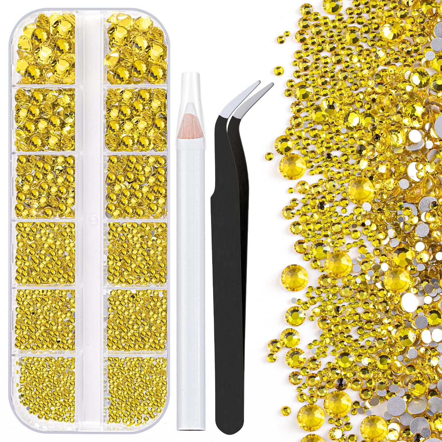 One Pack 2000 Pcs of Flatback Round Lemon Yellow Rhinestones 6 Sizes (1.5-6 mm) with Nail Art Rhinestone Picker Pencil and Tweezer for DIY and Salon Use-Velvo Beauty