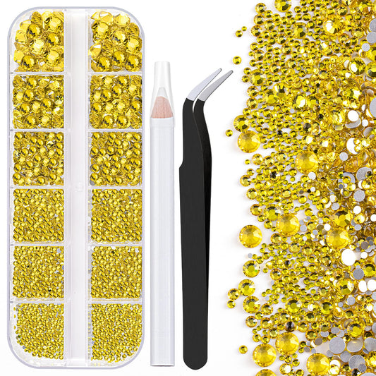 One Pack 2000 Pcs of Flatback Round Lemon Yellow Rhinestones 6 Sizes (1.5-6 mm) with Nail Art Rhinestone Picker Pencil and Tweezer for DIY and Salon Use-Velvo Beauty