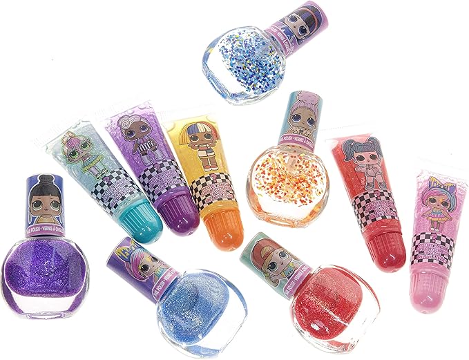 LOL Surprise Townley Girl 11 Pcs Sparkly Cosmetic Makeup Set for Kids Includes 5 Lip Gloss, 5 Nail Polish & Nail Stickers for Girls Tweens, Ages 3+ Perfect for Parties, Sleepovers and Makeovers-Velvo Beauty