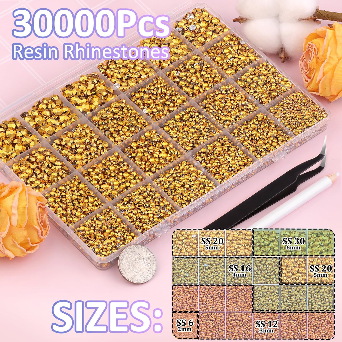 30000Pcs Mine Gold Rhinestones for Bedazzling with B7000 Jewelry Glue, Bedazzler Kit Flatback Gems, Resin Rhinestones for Crafting Crafts Clothing Shoes Fabric Nail Art Assorted Size 2/3/4/5/6mm-Velvo Beauty