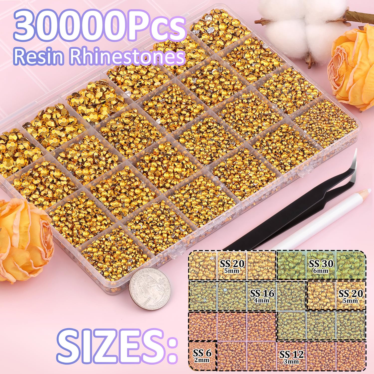 30000Pcs Mine Gold Rhinestones for Bedazzling with B7000 Jewelry Glue, Bedazzler Kit Flatback Gems, Resin Rhinestones for Crafting Crafts Clothing Shoes Fabric Nail Art Assorted Size 2/3/4/5/6mm-Velvo Beauty