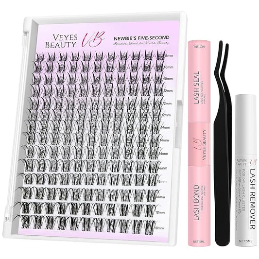 VEYESBEAUTY Lash Clusters Kit Eyelash Extensions Thin & Invisible Band DIY Individual False Eyelashes Newbie's Five-Second Series Lash Tray for Self-application, Sylph Lashes 8-18mm Mixed Length-Velvo Beauty