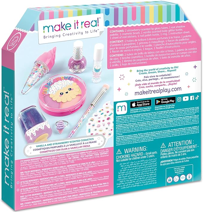 Make It Real: Candy Shop Cosmetic Set - 9 pcs, Vanilla & Strawberry Scented Cosmetics, Ice-Cream Shaped Glosses, Beauty Kit, Tweens, Girls & Kids Ages 8+-Velvo Beauty