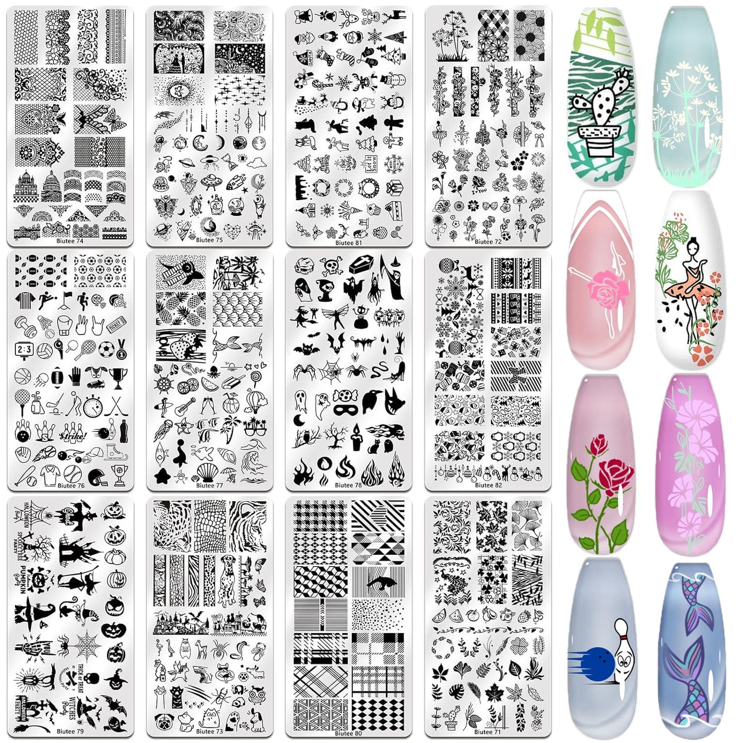 Biutee Nail Stamping Plate Set 12Pcs Nail Art Stamping Plates Nail Stamping Kit Nail Stamper Kit Flower Leaves Animal Lace Star Halloween Christmas Design Nail Stamp Plate-Velvo Beauty