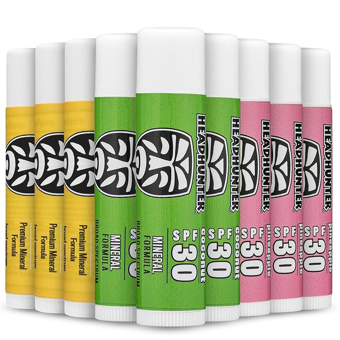 Headhunter Sport Chapstick Sunscreen SPF 30, Natural Mineral Waterproof Lip Balm For Sun Protection, Ultra Solar Defense - Reef Safe Sunblock Chap Stick, 3 Flavors - Coconut, Pineapple, Mango (9 Pack)-Velvo Beauty