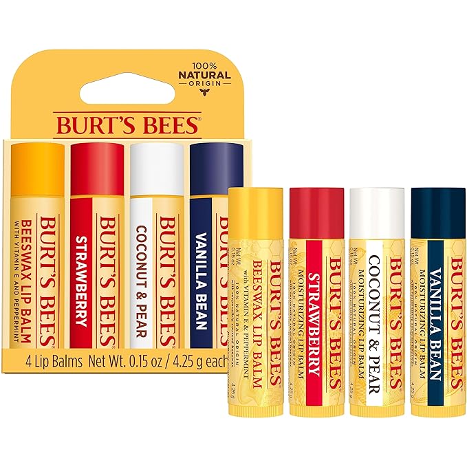 Burt's Bees Lip Balm - Beeswax, Strawberry, Coconut and Pear, and Vanilla Bean, With Responsibly Sourced Beeswax, Tint-Free, Natural Origin Lip Treatment, 4 Tubes, 0.15 oz.-Velvo Beauty