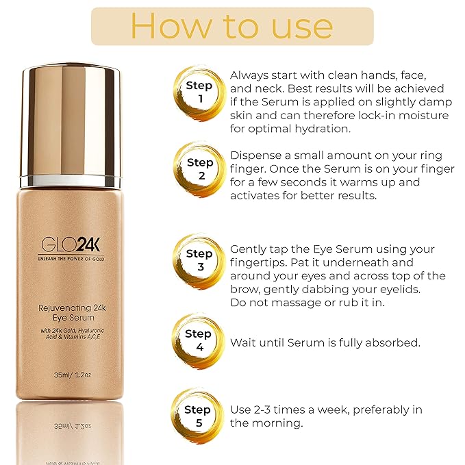 GLO24K Eye Serum with 24k Gold, Hyaluronic Acid, and Vitamins A,C,E. Potent Formula for the delicate skin around the eyes.-Velvo Beauty