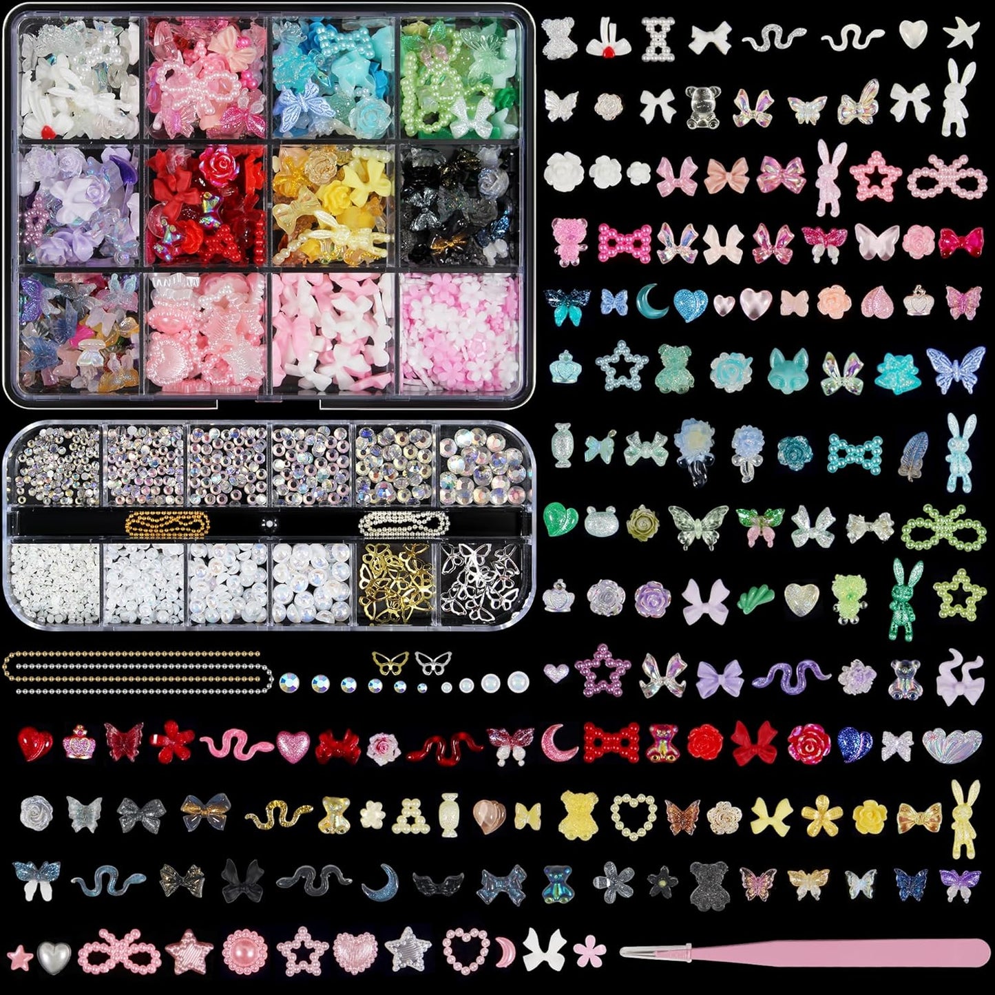 Artdone Nail Art Studs Kit, 2 boxes Multicolor 3D Charms Flower Butterfly Snake Rabbit Diamond Cute Nail Jewels for DIY Decoration with Pickup Tools-Velvo Beauty