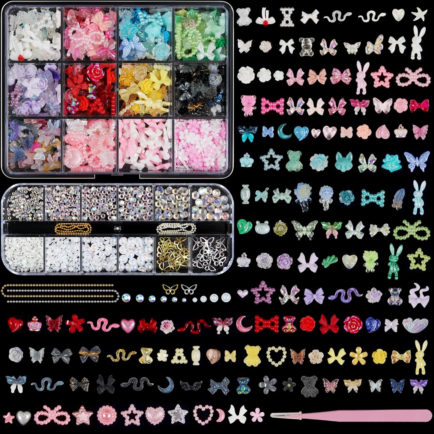 Artdone Nail Art Studs Kit, 2 boxes Multicolor 3D Charms Flower Butterfly Snake Rabbit Diamond Cute Nail Jewels for DIY Decoration with Pickup Tools-Velvo Beauty