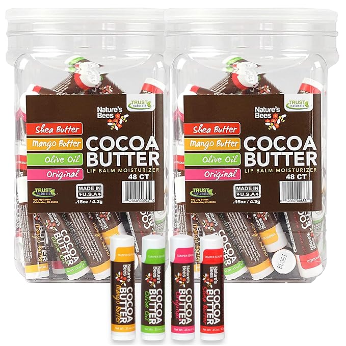 Nature's Bees - Cocoa Butter Lip Balm Moisturizer - Original 96 Pack, 4 Flavors - Original, Shea Butter, Mango Butter, Olive Oil - Made w/Coconut Oil, Beeswax, Vitamin E, Aloe - 0.15oz (4.2g)-Velvo Beauty