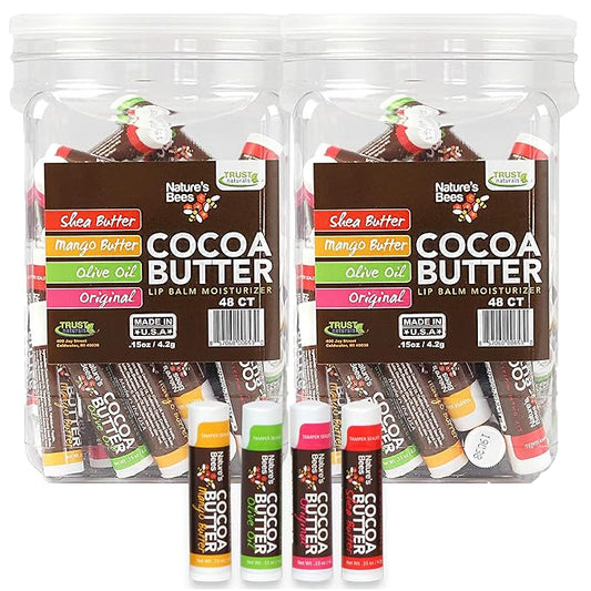 Nature's Bees - Cocoa Butter Lip Balm Moisturizer - Original 96 Pack, 4 Flavors - Original, Shea Butter, Mango Butter, Olive Oil - Made w/Coconut Oil, Beeswax, Vitamin E, Aloe - 0.15oz (4.2g)-Velvo Beauty