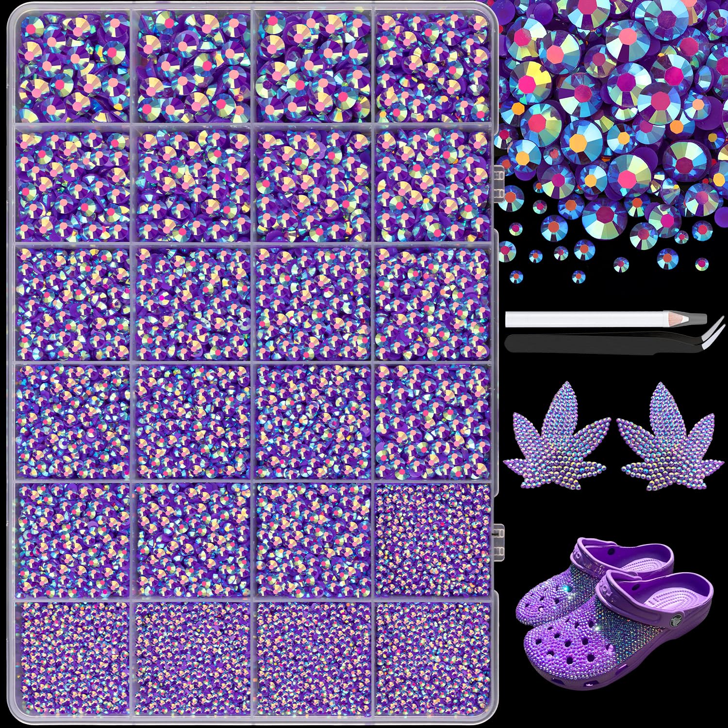 25000Pcs Resin Jelly Rhinestones with Tweezers for Crafting, 2-6mm Mixed Sizes (Dark Purple AB) Non Hotfix Flatback Gems, Bedazzling Crystal for DIY Crafts Clothing Tumblers Mugs Shoes Decor Nail Art-Velvo Beauty