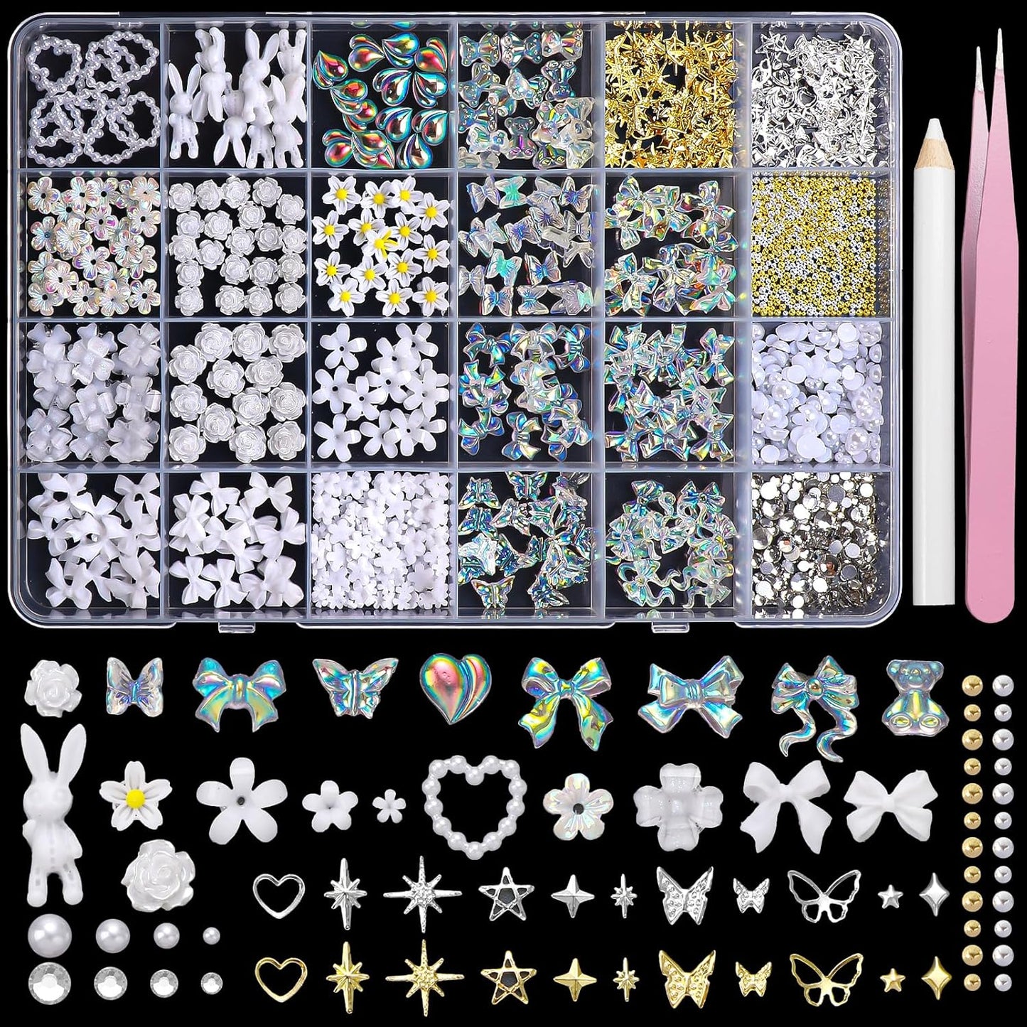 3D Nail Charms and Gems, Mix Flower Bow Heart Colorful Acrylic Nail Art Charms, Mix Nail Pearl Rhinestones and Caviar Beads for Nails, Cute Hollow Pearls Jewelry for Art Design DIY Crafts-Velvo Beauty