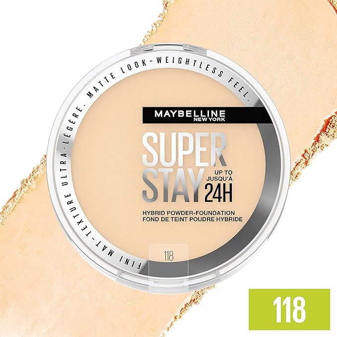 Maybelline Super Stay Up to 24HR Hybrid Powder-Foundation, Medium-to-Full Coverage Makeup, Matte Finish, 118, 1 Count-Velvo Beauty