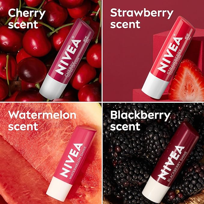 NIVEA Lip Care, Fruity Tinted Lip Balm Variety Pack, Includes Cherry, Strawberry, Blackberry and Watermelon Scents, 0.17 Oz, Pack of 4-Velvo Beauty