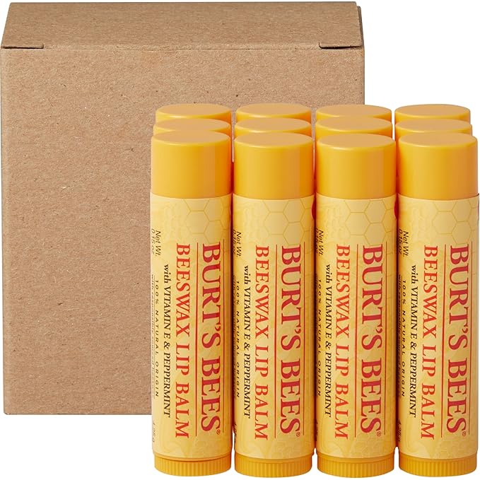Burt's Bees Lip Balm - Original Beeswax 12 Count Pack in Bulk, Lip Moisturizer With Responsibly Sourced Beeswax, Tint-Free, Natural Origin Conditioning Lip Treatment, 12 Tubes, 0.15 oz-Velvo Beauty
