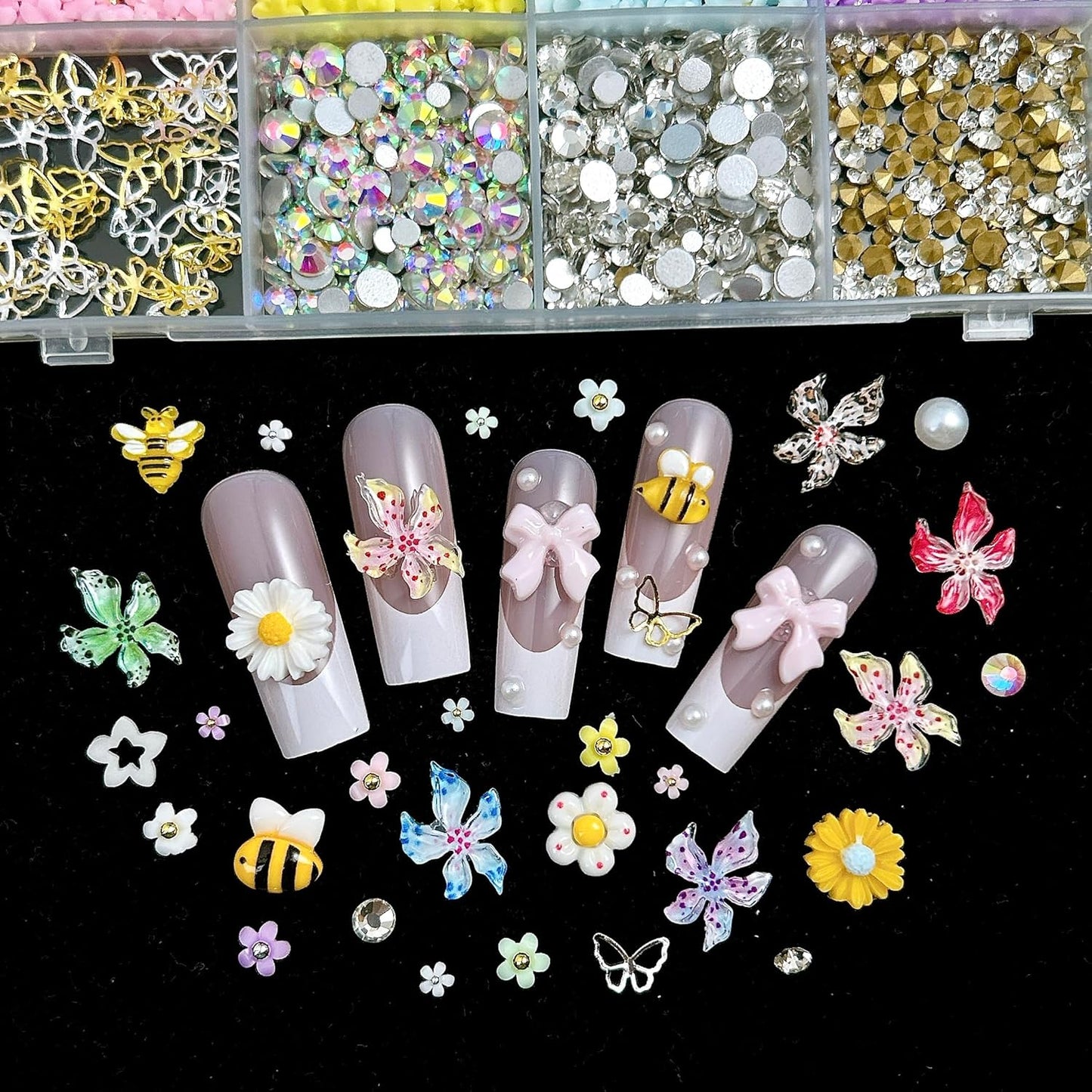 Flowers Nail Charms and Gems, Cute 3D Bee Daisy Hawaii Flowers Nail Art Charms for Acrylic Nails, Gold Silver Butterfly Nail Rhinestone and Charms,White Flatback Pearl Nail Charms Manicure DIY Crafts-Velvo Beauty