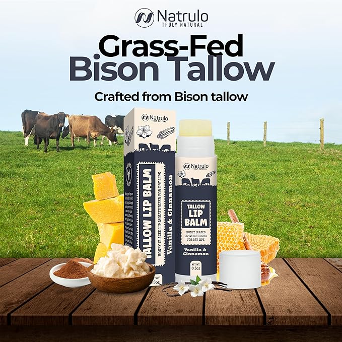 Beef Tallow Lip Balm – Natural Tallow Beeswax Chapstick – Hydrating Moisturizer Grass Fed Bison Tallow Balm Lip Care – Soothes Chapped, Dry Lips, Sensitive Skin – Long Lasting & Vitamin Rich USA-Made-Velvo Beauty